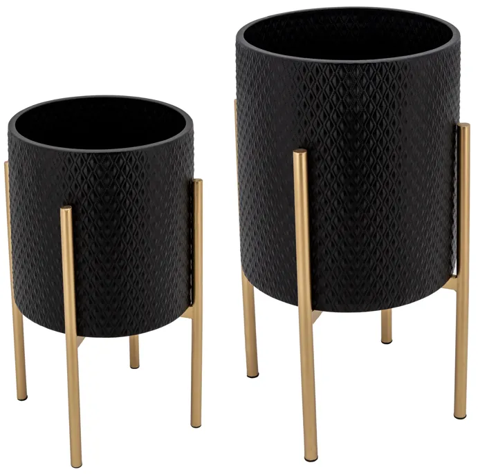 S/2 Textured Planter On Metalstand, Black/gld