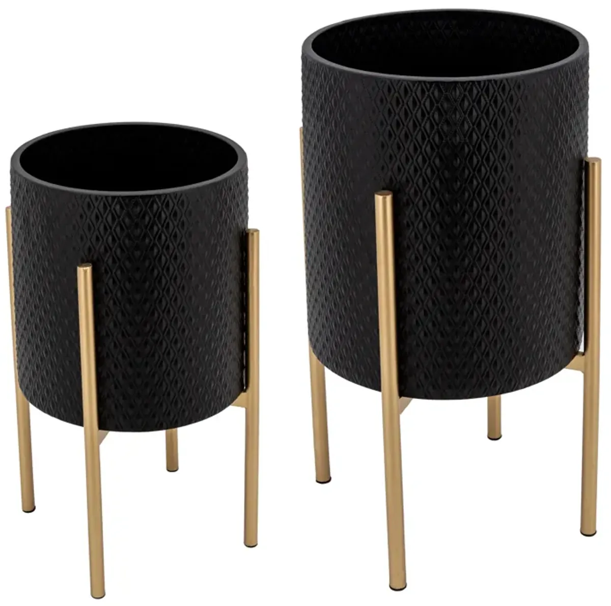 S/2 Textured Planter On Metalstand, Black/gld