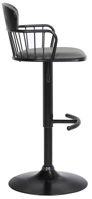 Nash Adjustable Black Wood Bar Stool in Gray Faux Leather with Black Metal