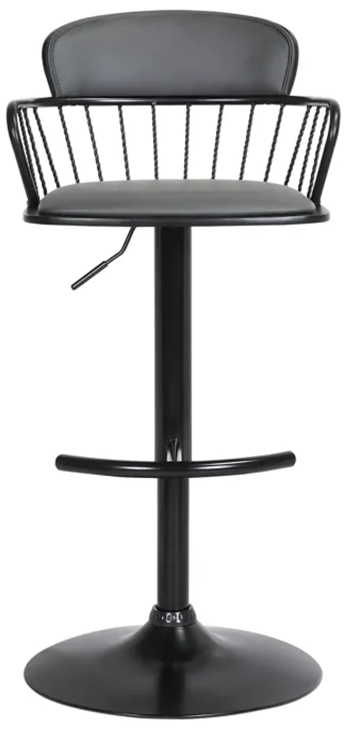 Nash Adjustable Black Wood Bar Stool in Gray Faux Leather with Black Metal