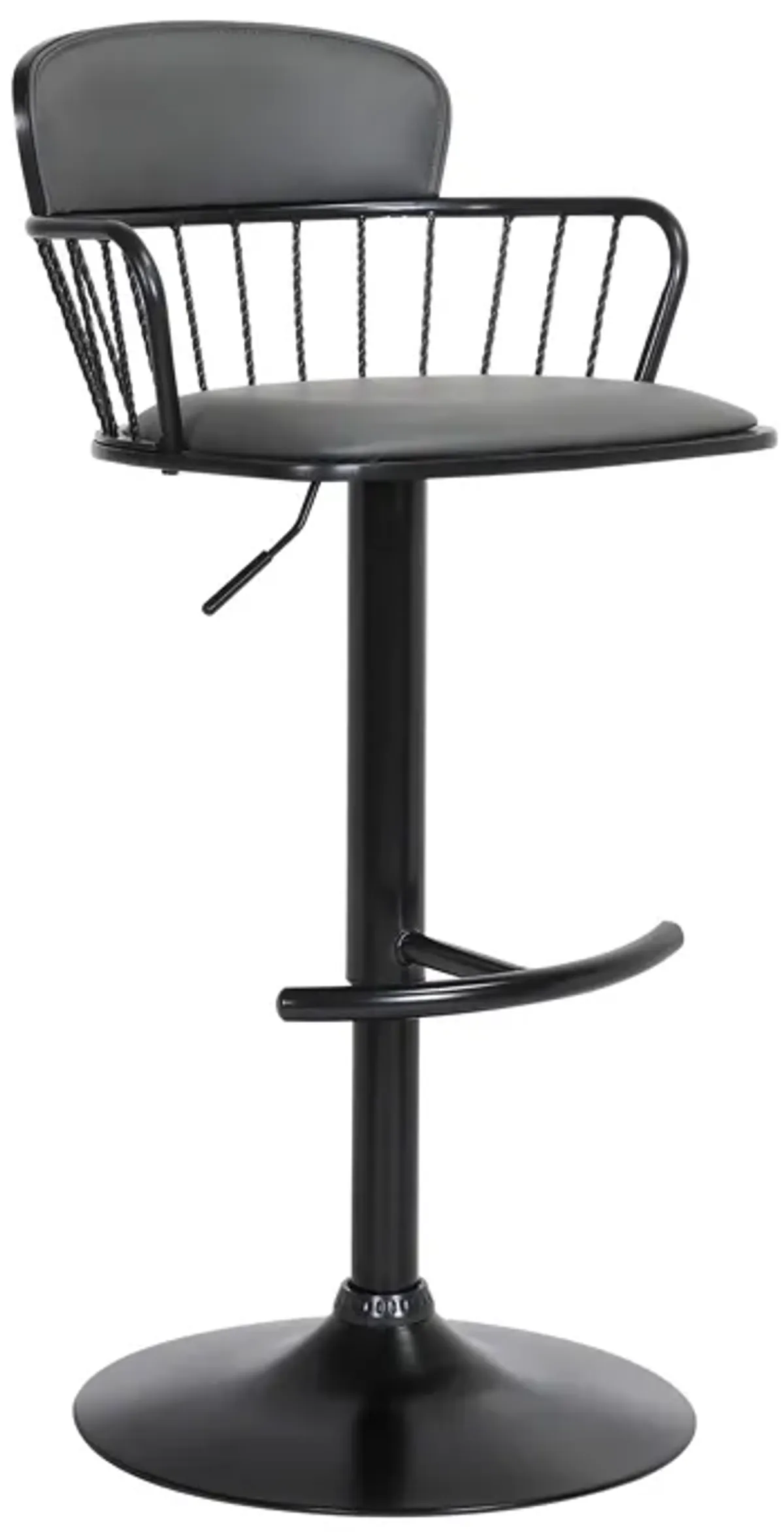 Nash Adjustable Black Wood Bar Stool in Gray Faux Leather with Black Metal