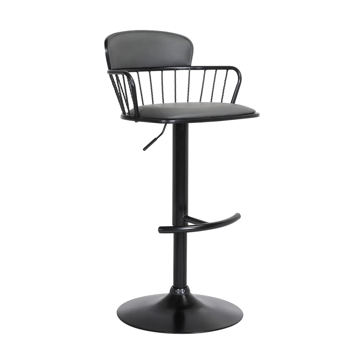 Nash Adjustable Black Wood Bar Stool in Gray Faux Leather with Black Metal