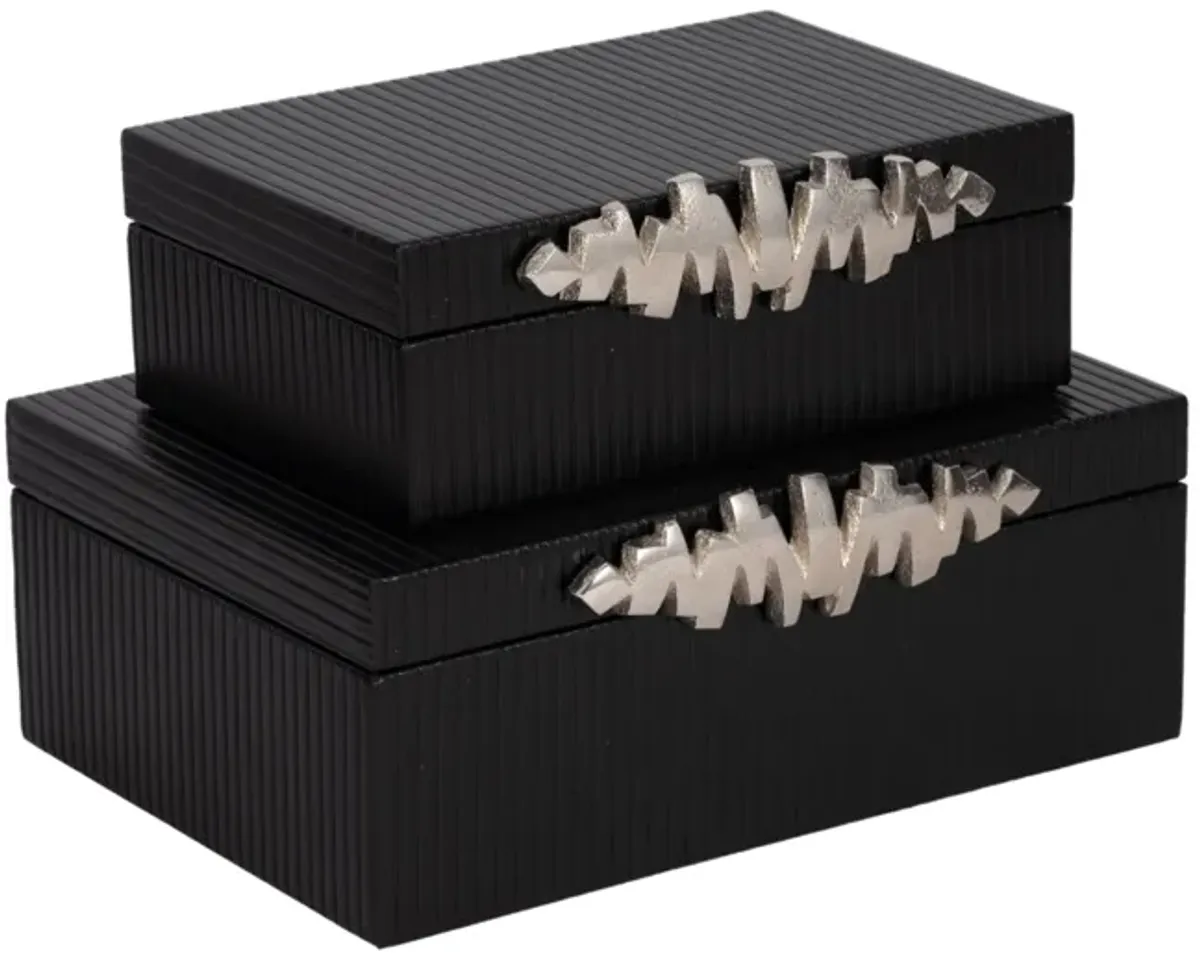 S/2 9/11" Boxes With Lines & Silver Handle, Black