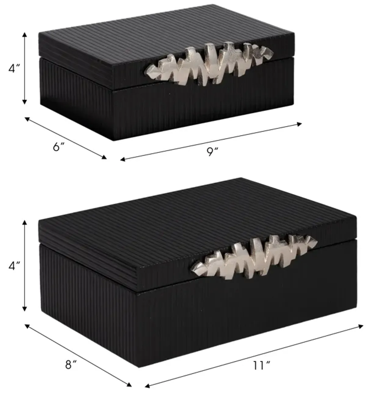 S/2 9/11" Boxes With Lines & Silver Handle, Black