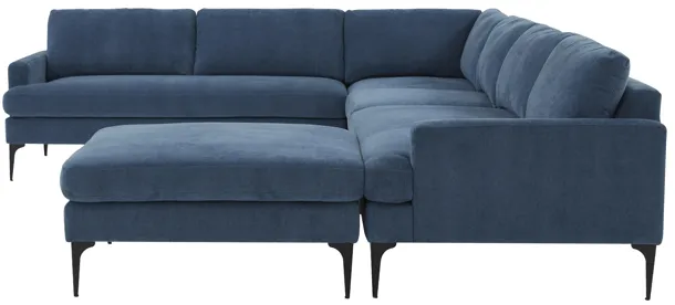 Serena Blue Velvet Large Chaise Sectional with Black Legs