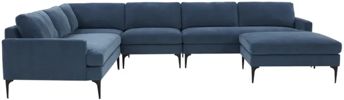 Serena Blue Velvet Large Chaise Sectional with Black Legs