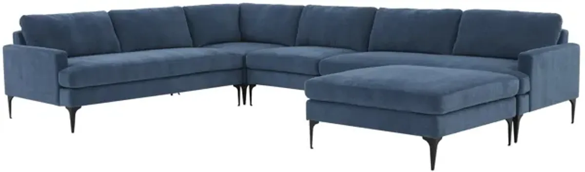 Serena Blue Velvet Large Chaise Sectional with Black Legs