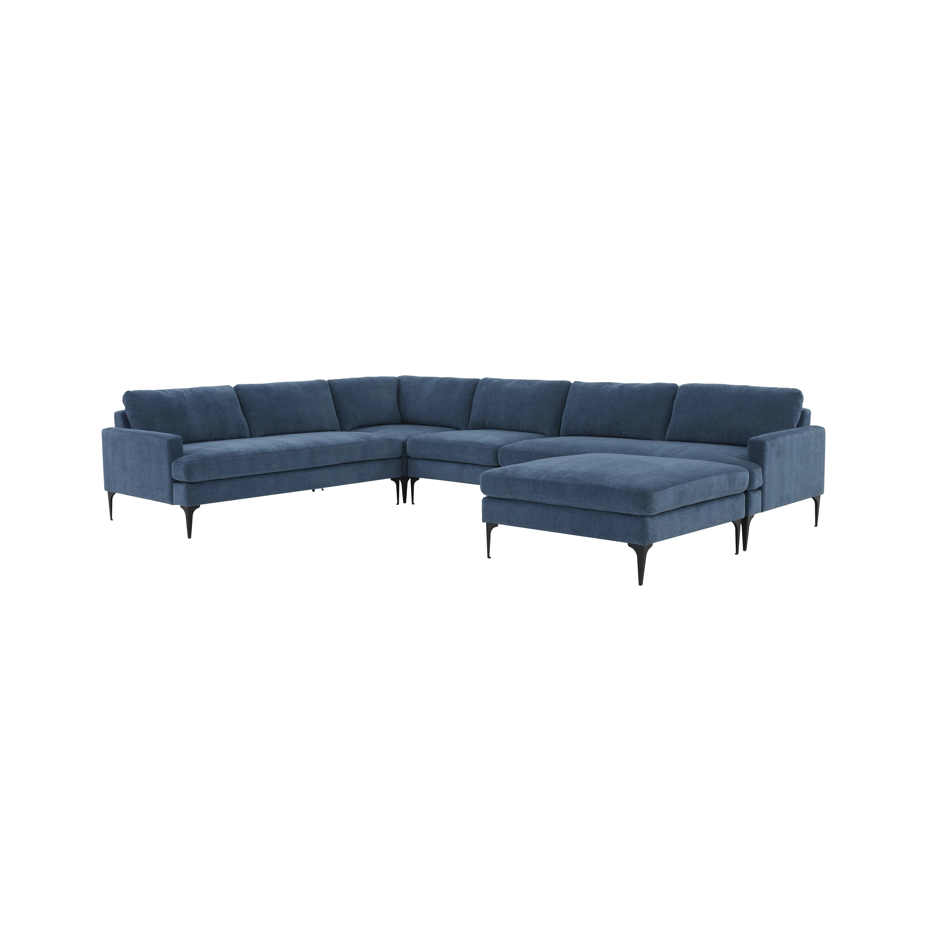 Serena Blue Velvet Large Chaise Sectional with Black Legs