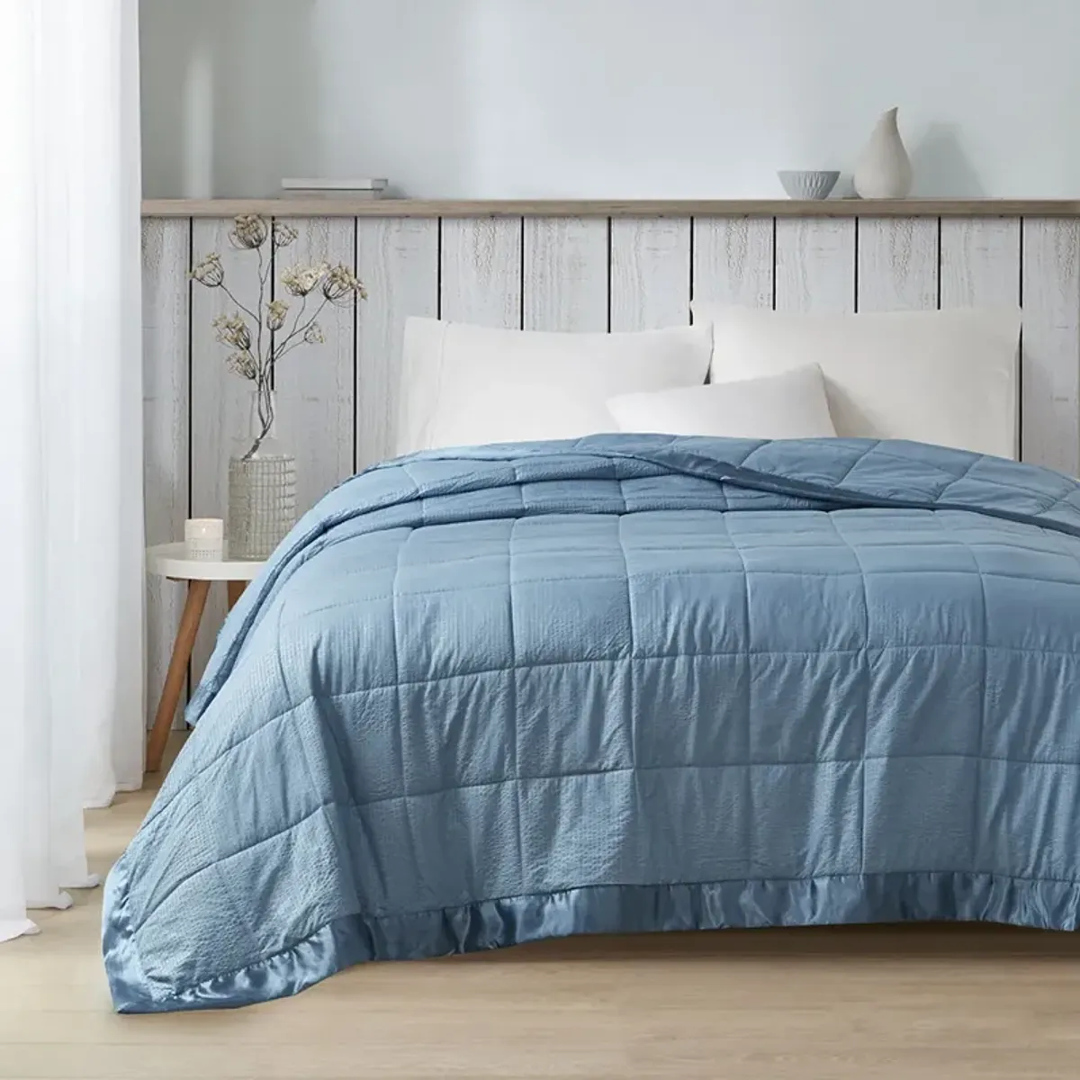 Madison Park Cambria Slate Blue Oversized Down Alternative Blanket with Satin Trim