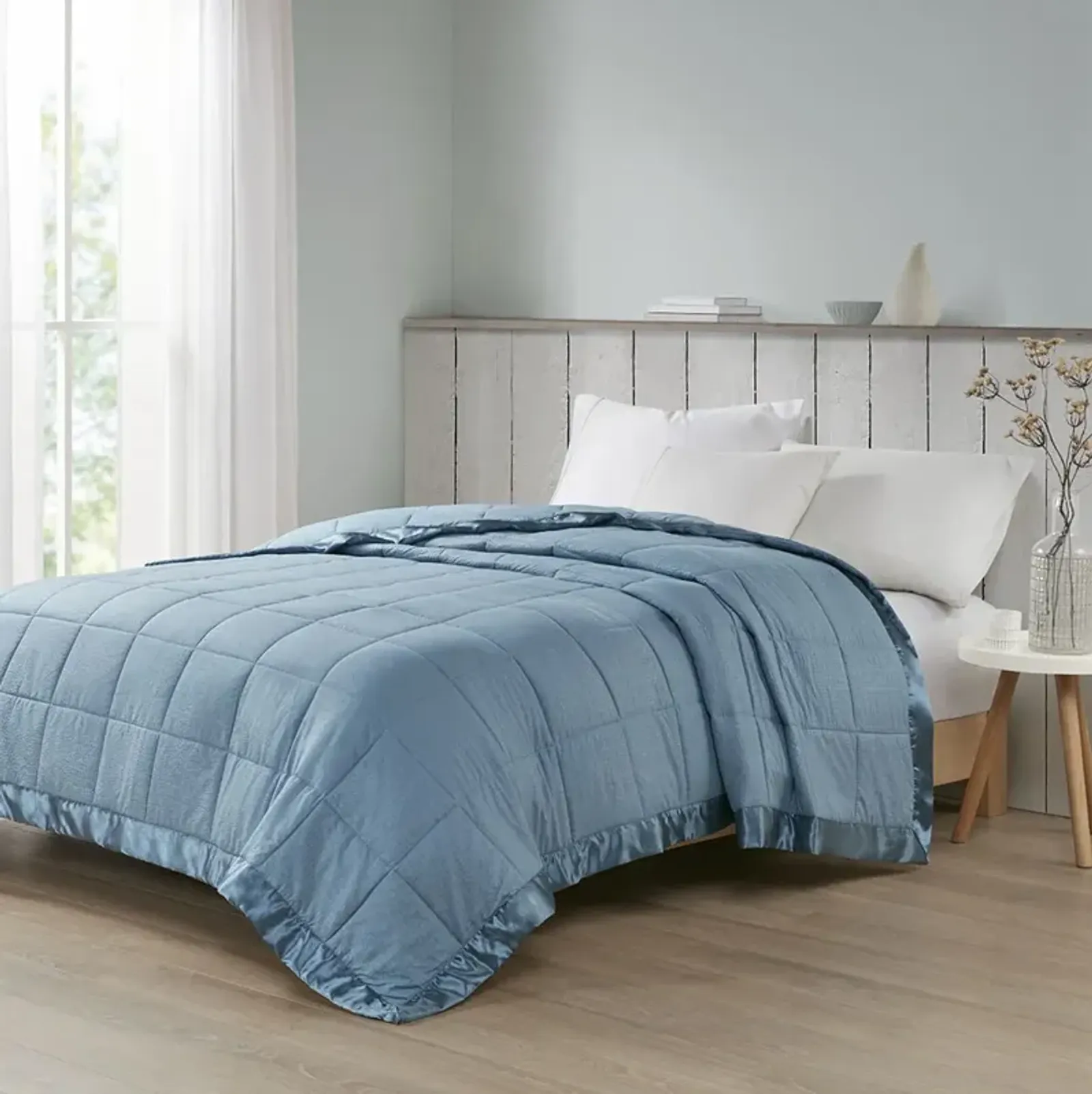 Madison Park Cambria Slate Blue Oversized Down Alternative Blanket with Satin Trim