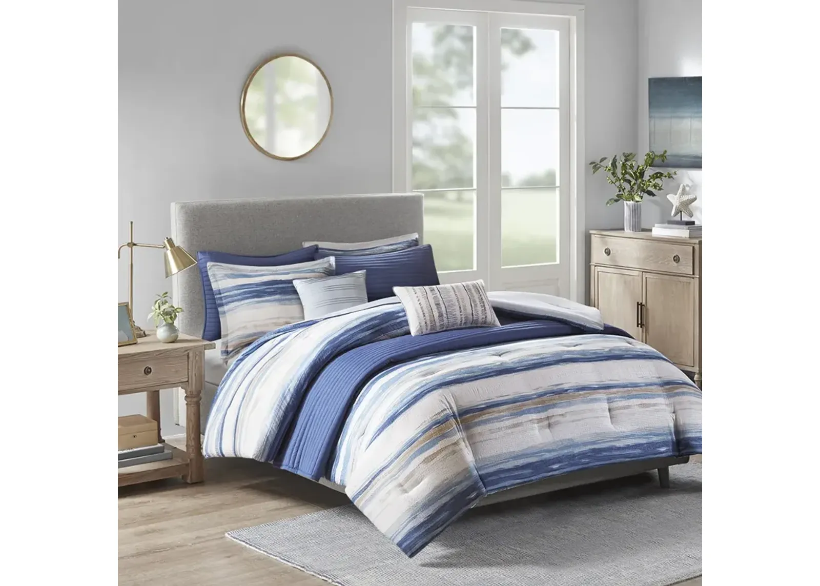 Madison Park Marina Blue 8 Piece Printed Seersucker Comforter and Quilt Set Collection