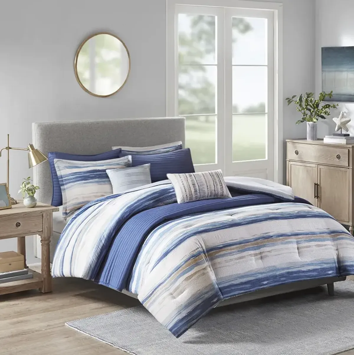 Madison Park Marina Blue 8 Piece Printed Seersucker Comforter and Quilt Set Collection