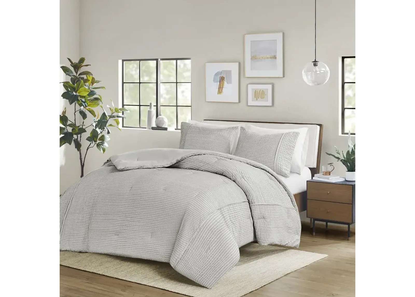 Beautyrest Apollo Gray 3 Piece Striped Seersucker Oversized Comforter Set