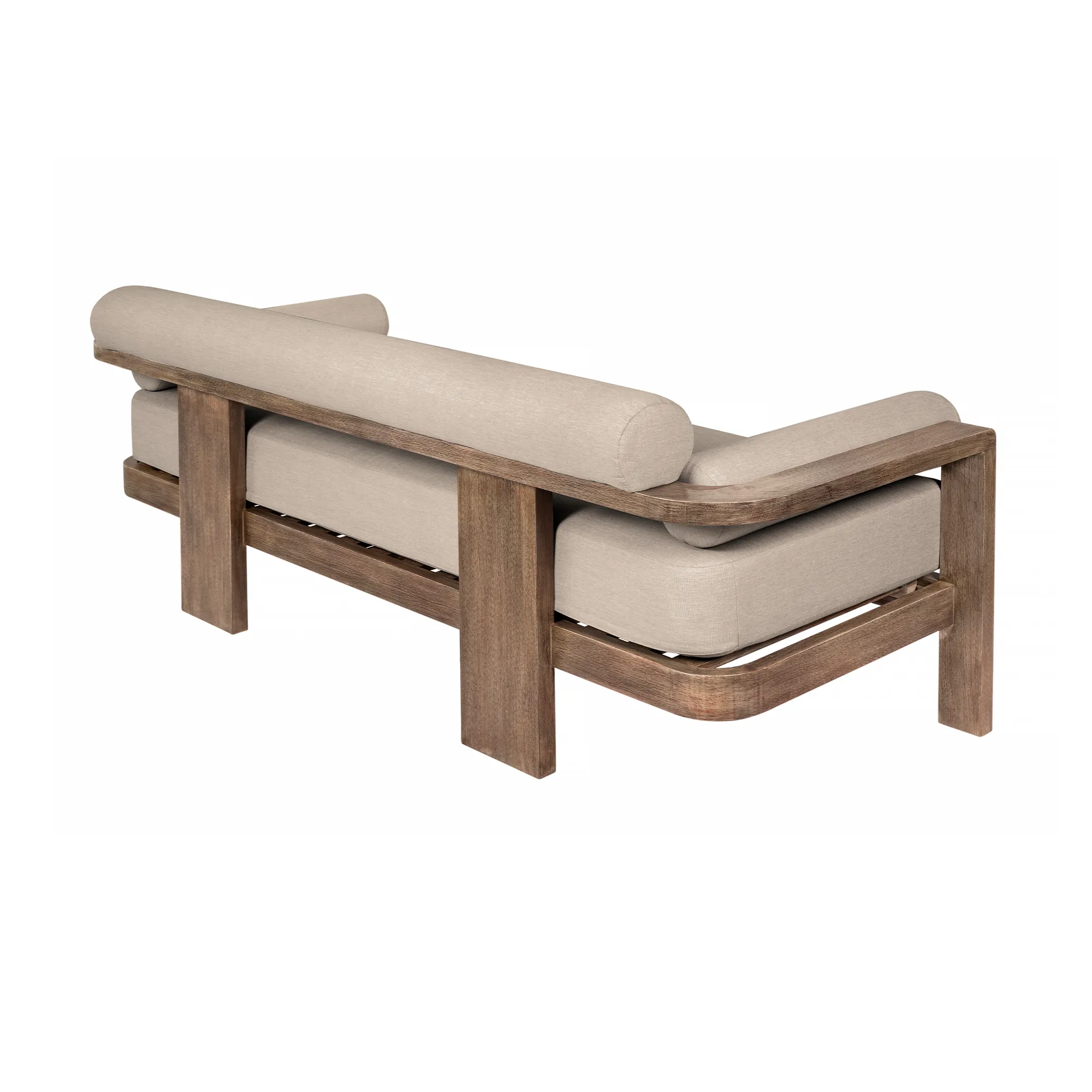 Relic Outdoor Patio Sofa in Weathered Eucalyptus Wood with Taupe Olefin Cushions