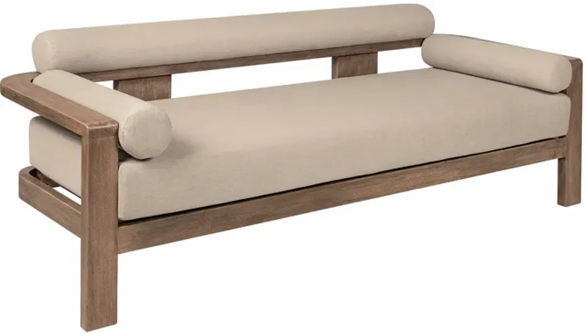 Relic Outdoor Patio Sofa in Weathered Eucalyptus Wood with Taupe Olefin Cushions