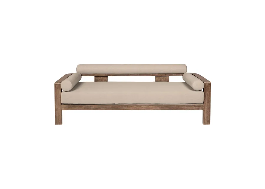 Relic Outdoor Patio Sofa in Weathered Eucalyptus Wood with Taupe Olefin Cushions