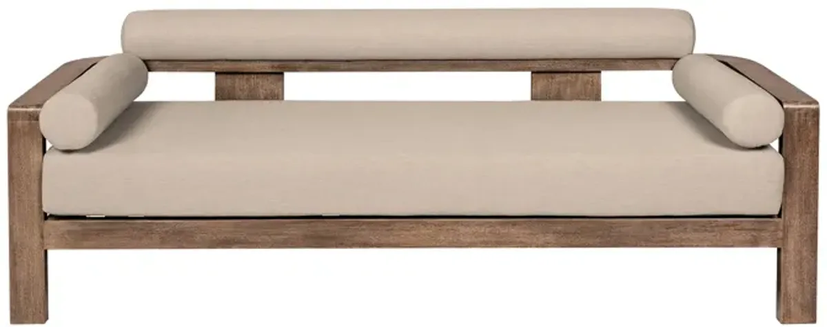 Relic Outdoor Patio Sofa in Weathered Eucalyptus Wood with Taupe Olefin Cushions