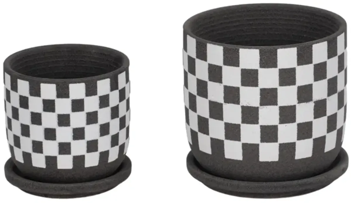 S/2 5/6" Checkerboard Saucer Planters, Black/white