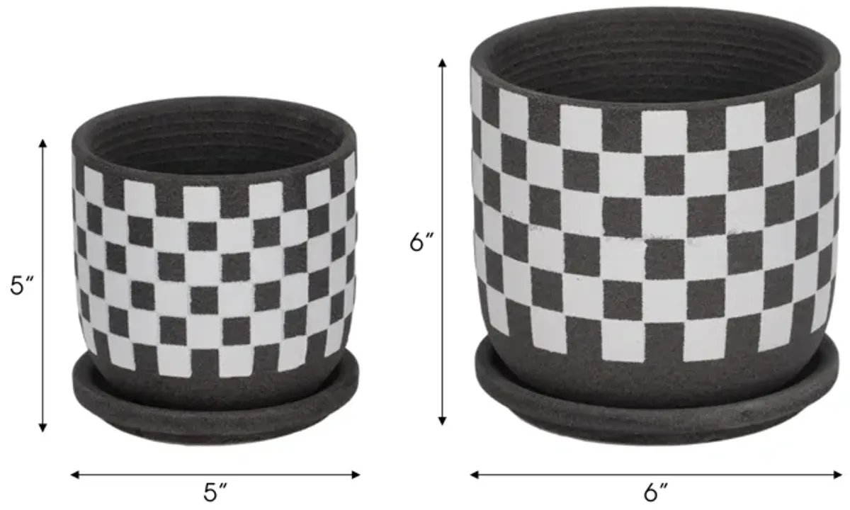 S/2 5/6" Checkerboard Saucer Planters, Black/white