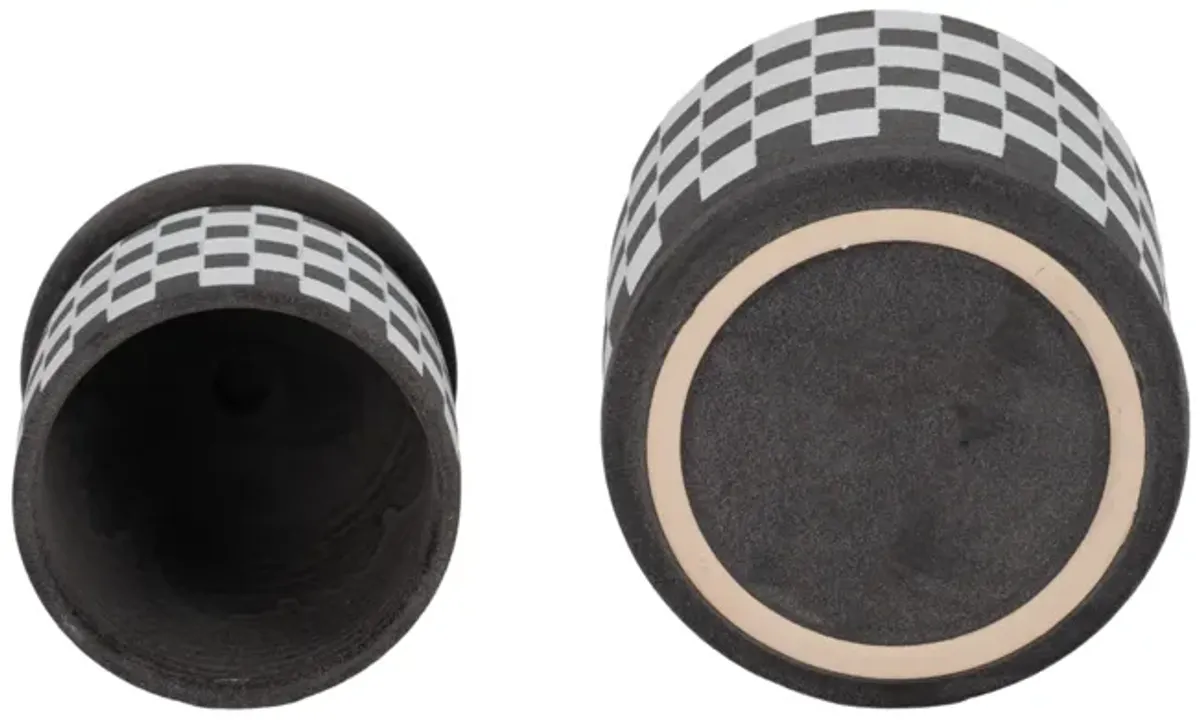 S/2 5/6" Checkerboard Saucer Planters, Black/white