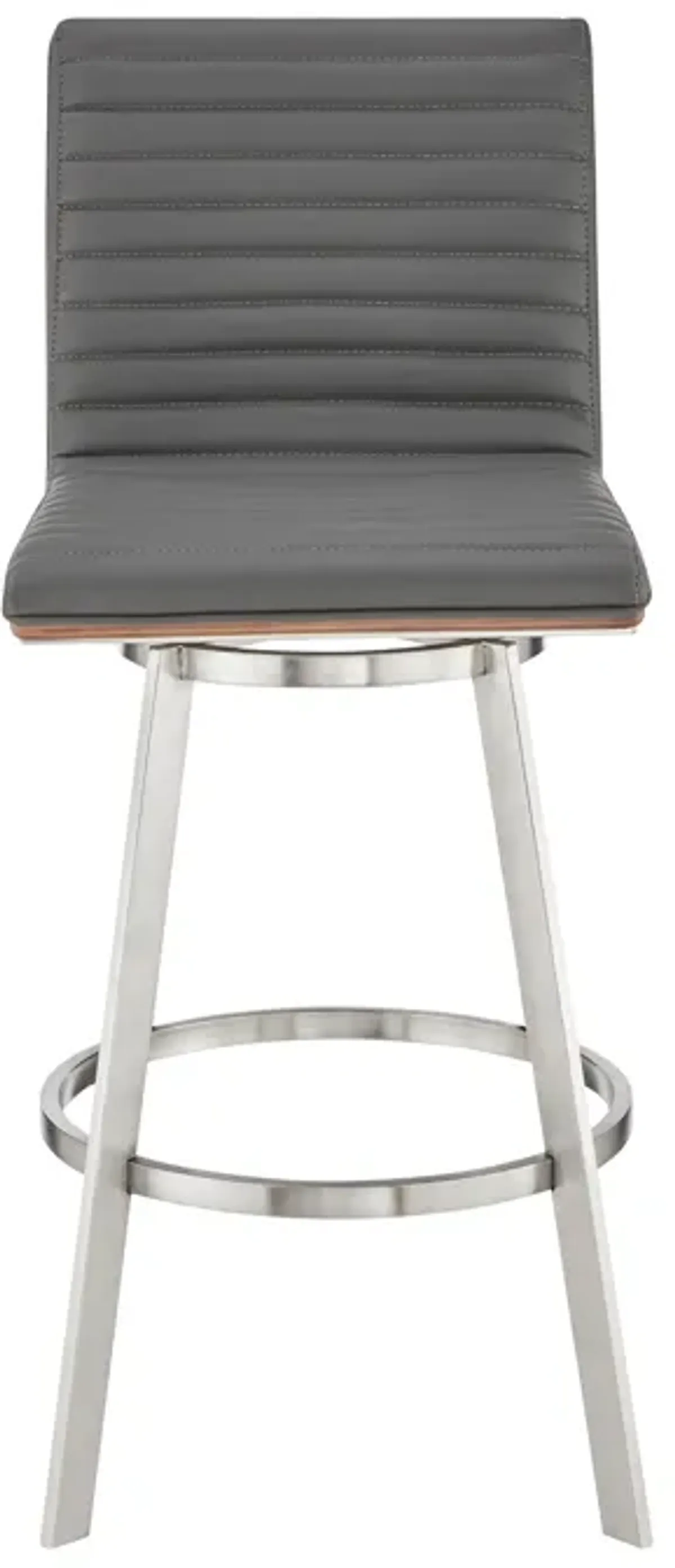 Jermaine 30" Bar Height Swivel Bar Stool in Brushed Stainless Steel Finish and Gray Faux Leather