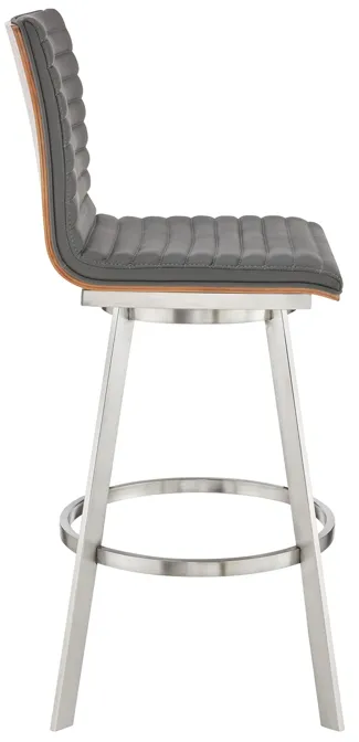 Jermaine 30" Bar Height Swivel Bar Stool in Brushed Stainless Steel Finish and Gray Faux Leather