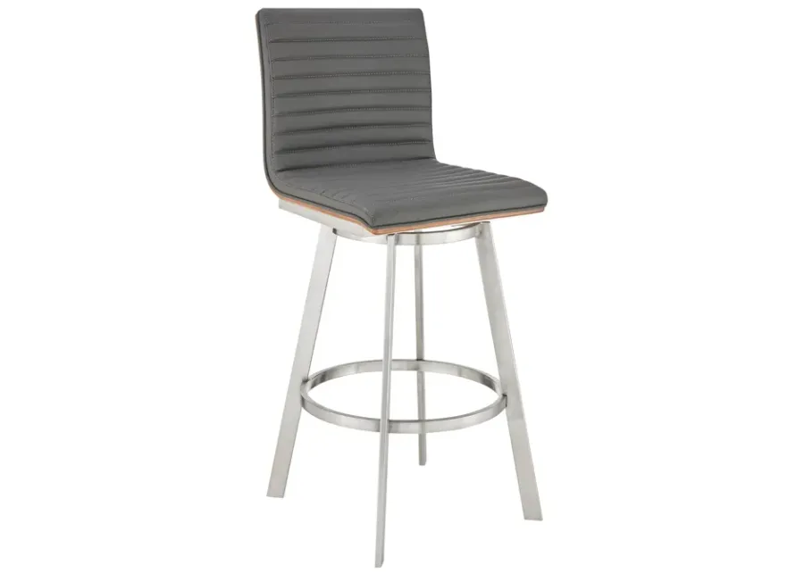 Jermaine 30" Bar Height Swivel Bar Stool in Brushed Stainless Steel Finish and Gray Faux Leather