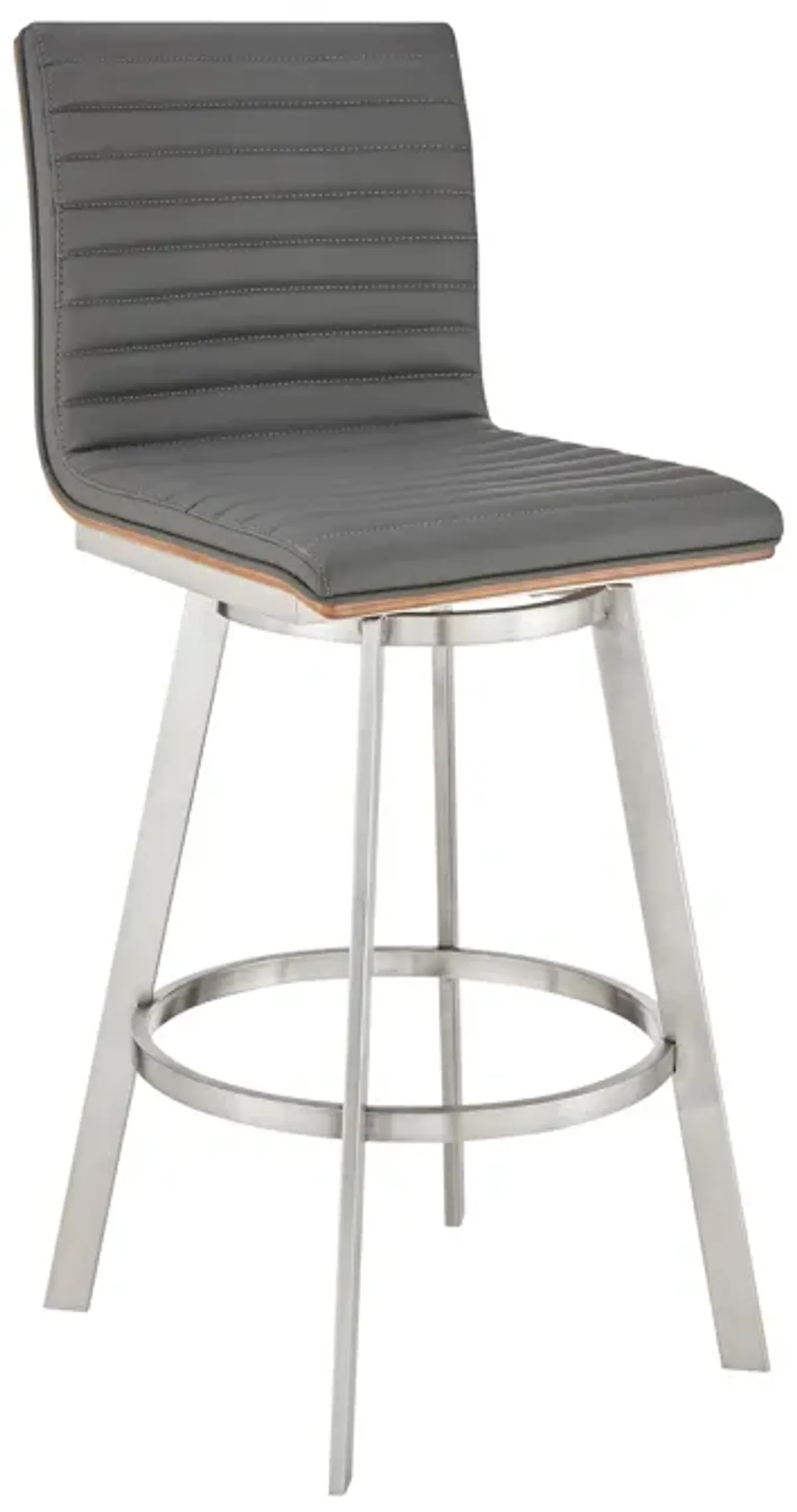 Jermaine 30" Bar Height Swivel Bar Stool in Brushed Stainless Steel Finish and Gray Faux Leather