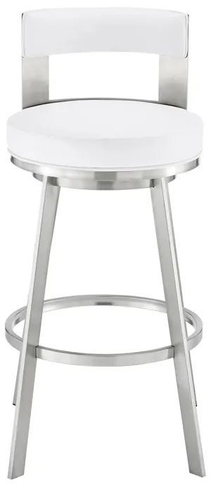 Flynn 26" Swivel Counter Stool in Brushed Stainless Steel with White Faux Leather