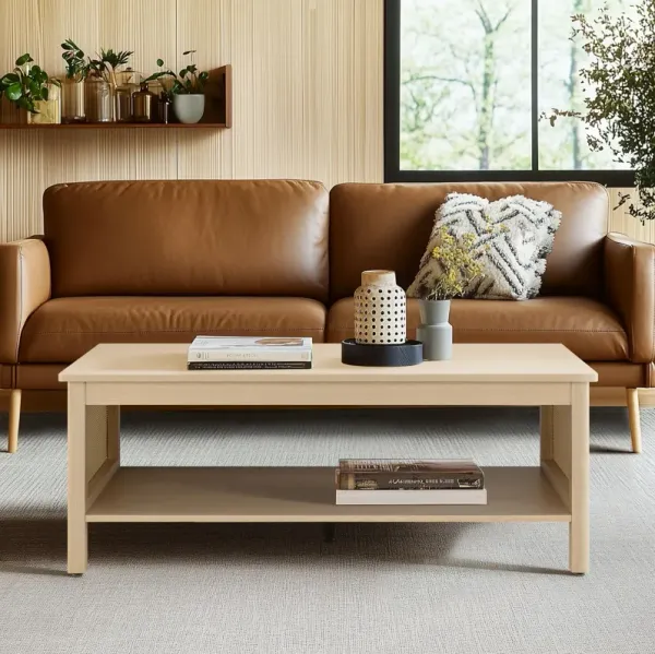 2-Tier Coffee Table with Rattan Sides & Spacious Open Shelf Storage