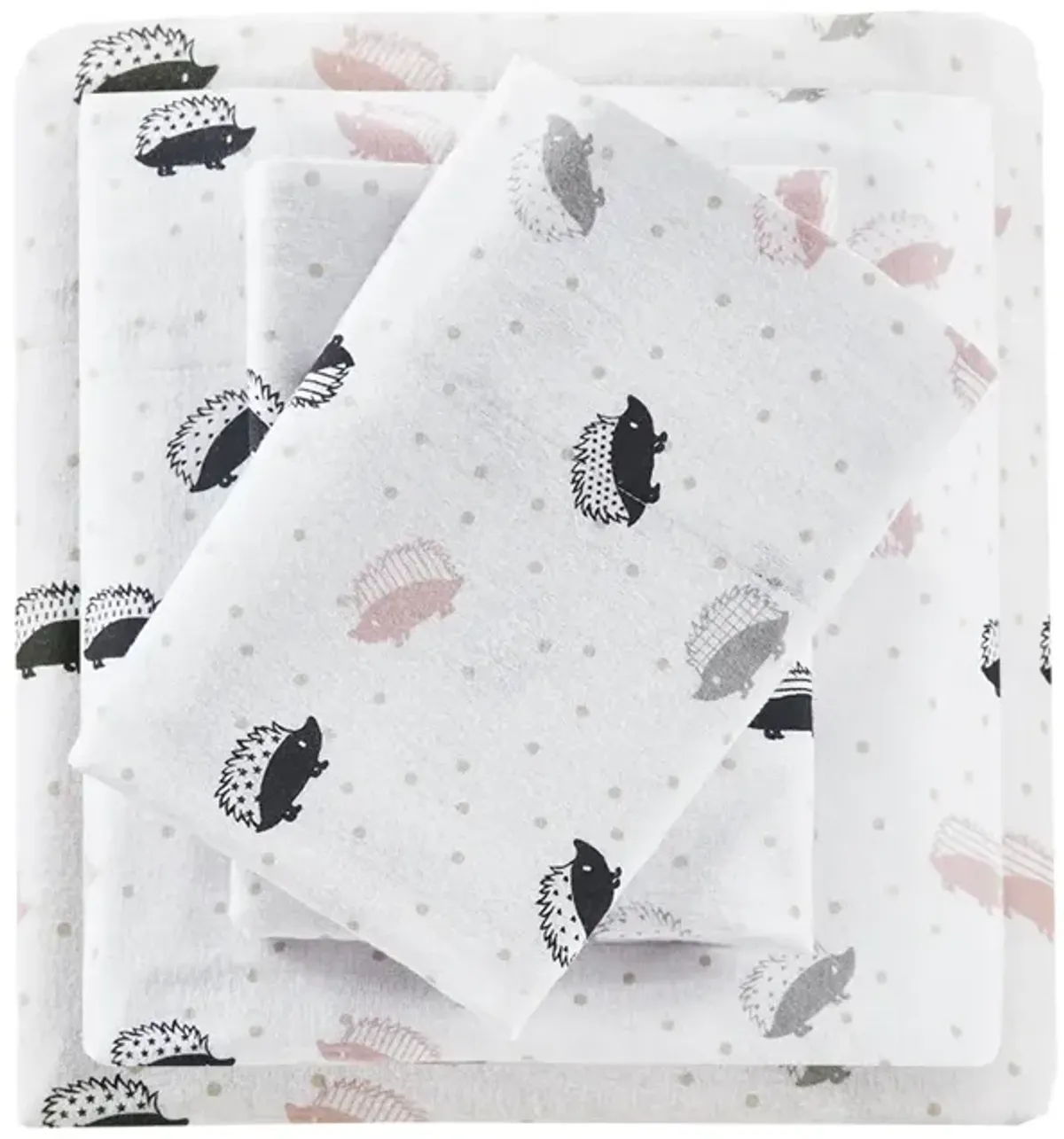 Intelligent Design Cozy Soft Pink/Grey Hedgehogs Cotton Flannel Printed Sheet Set