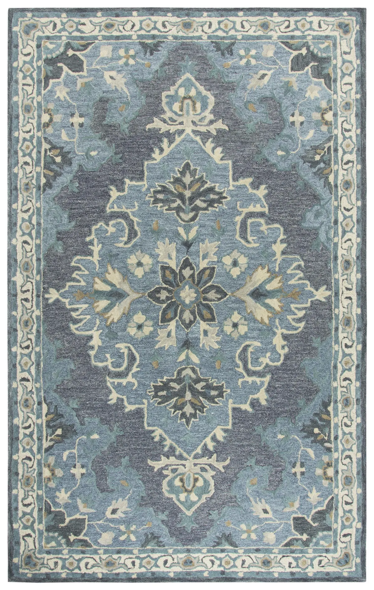 Resonant Dk.Gray/Gray Blue Central Medallion Wool 5' x 8' Rectangle Rug