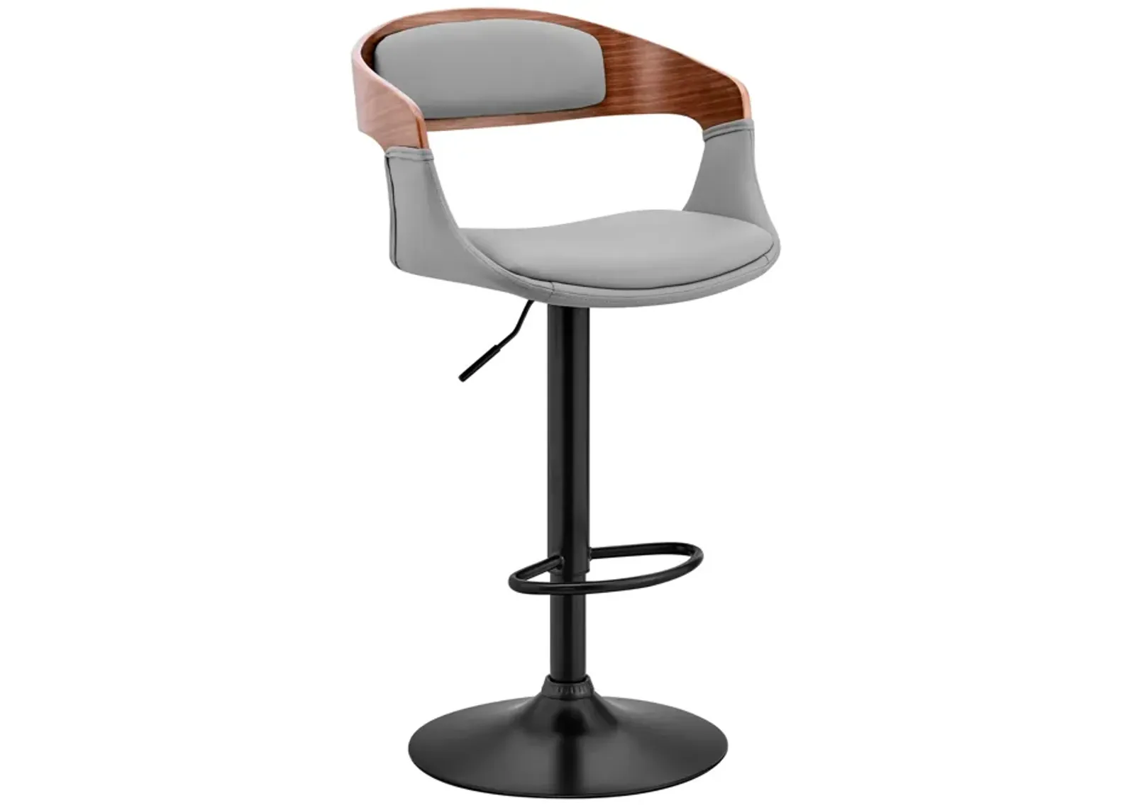 Benson Adjustable Gray Faux Leather and Walnut Wood Bar Stool with Black Base