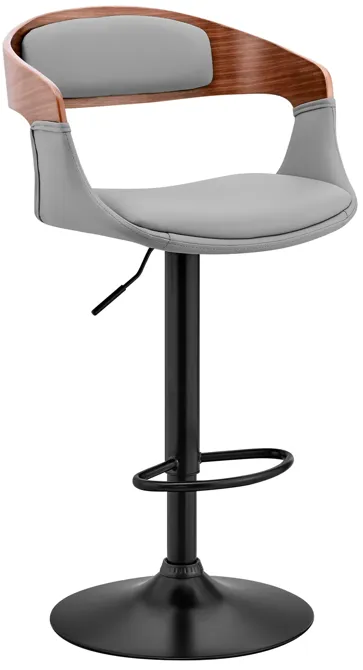 Benson Adjustable Gray Faux Leather and Walnut Wood Bar Stool with Black Base