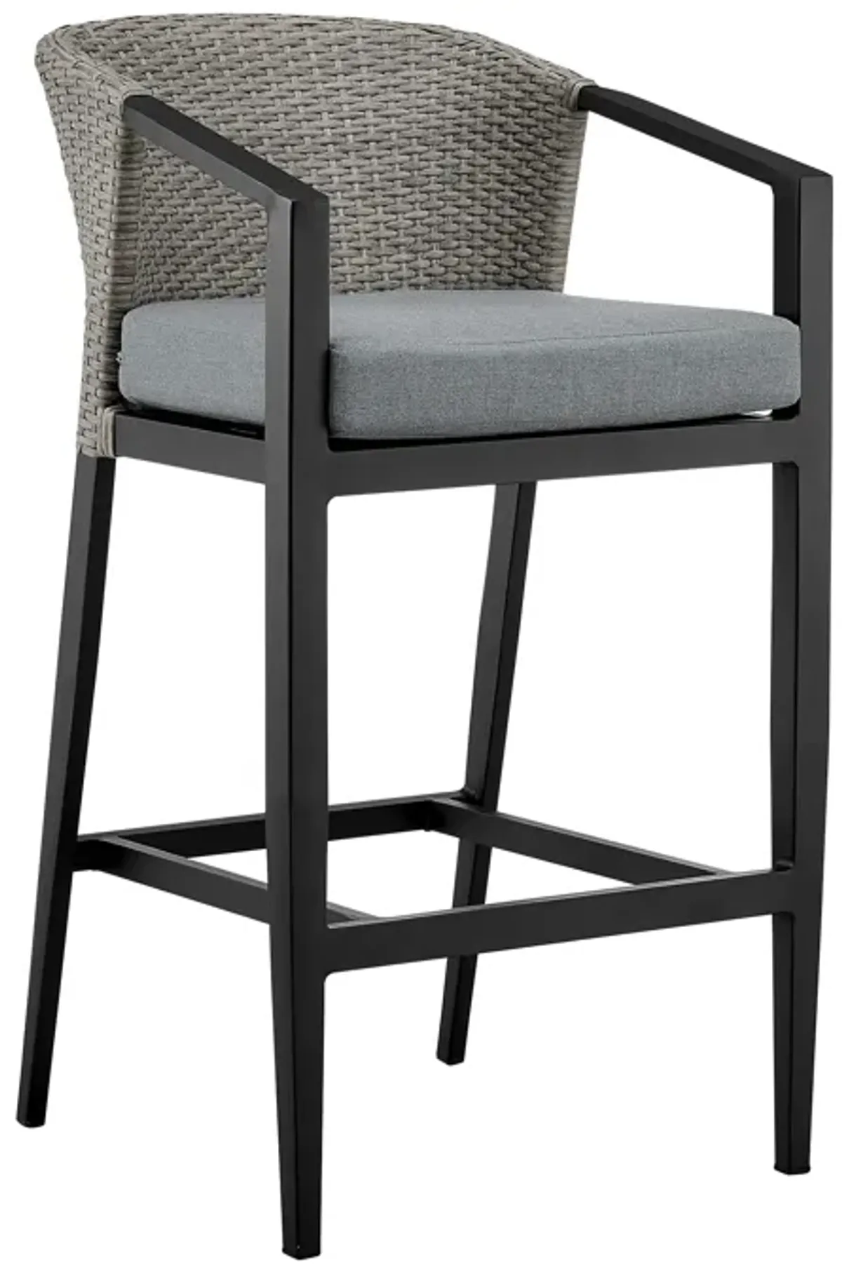 Aileen Outdoor Patio Bar Stool in Aluminum and Wicker with Gray Cushions