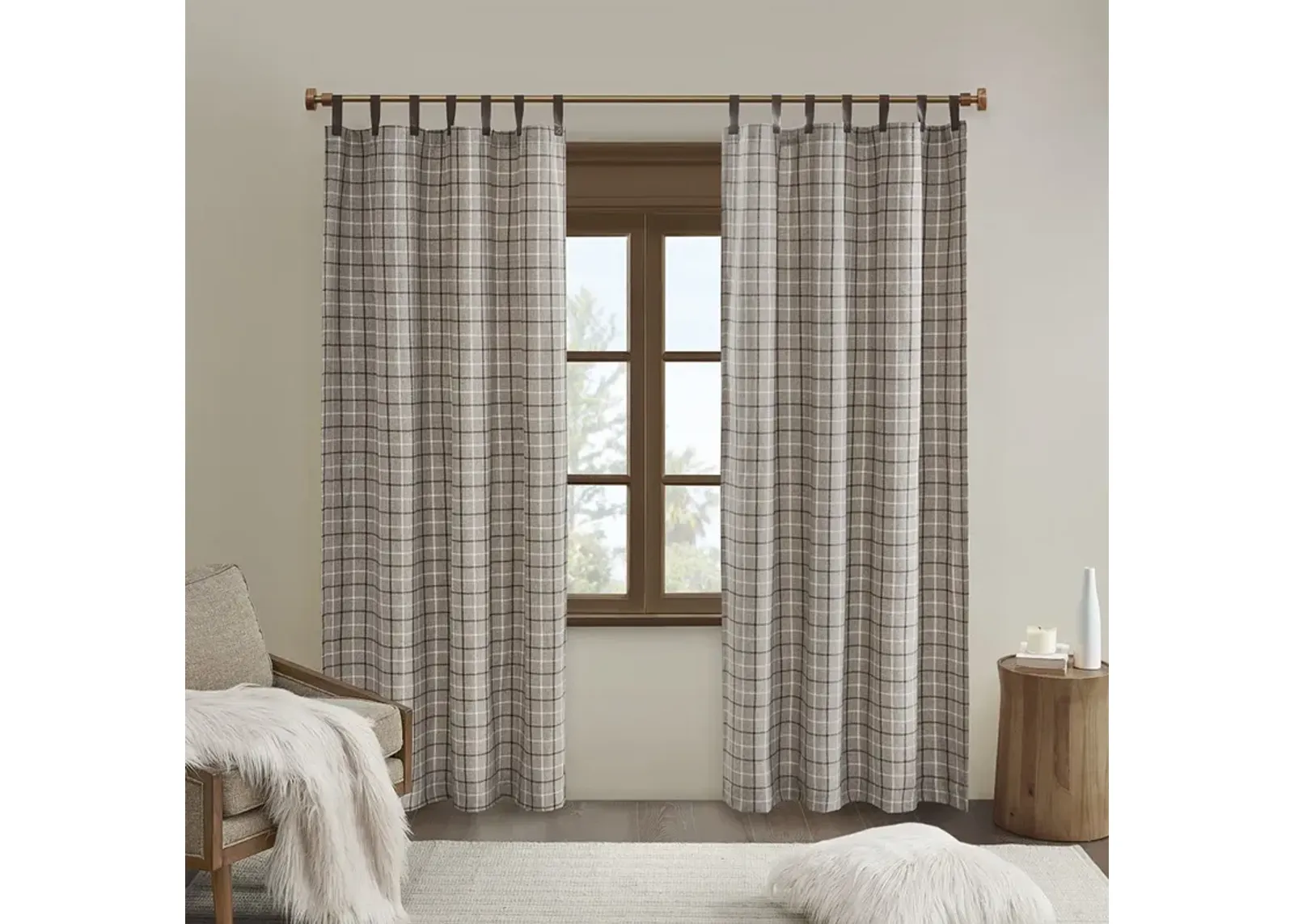 Madison Park Anaheim Brown Plaid Faux Leather Tab Top Curtain Panel with Fleece Lining