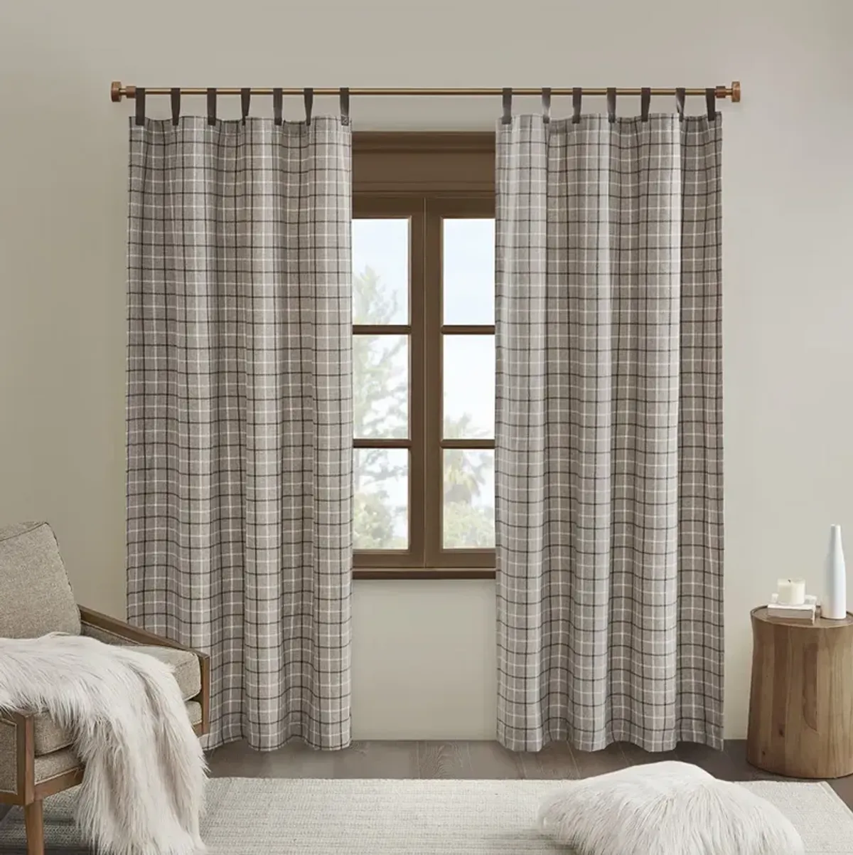 Madison Park Anaheim Brown Plaid Faux Leather Tab Top Curtain Panel with Fleece Lining