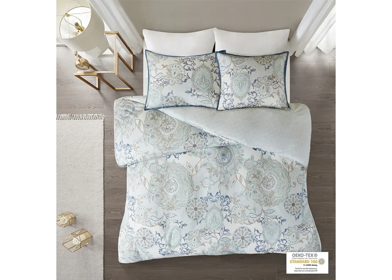 Madison Park Isla Blue 3 Piece Cotton Floral Printed Reversible Duvet Cover Set