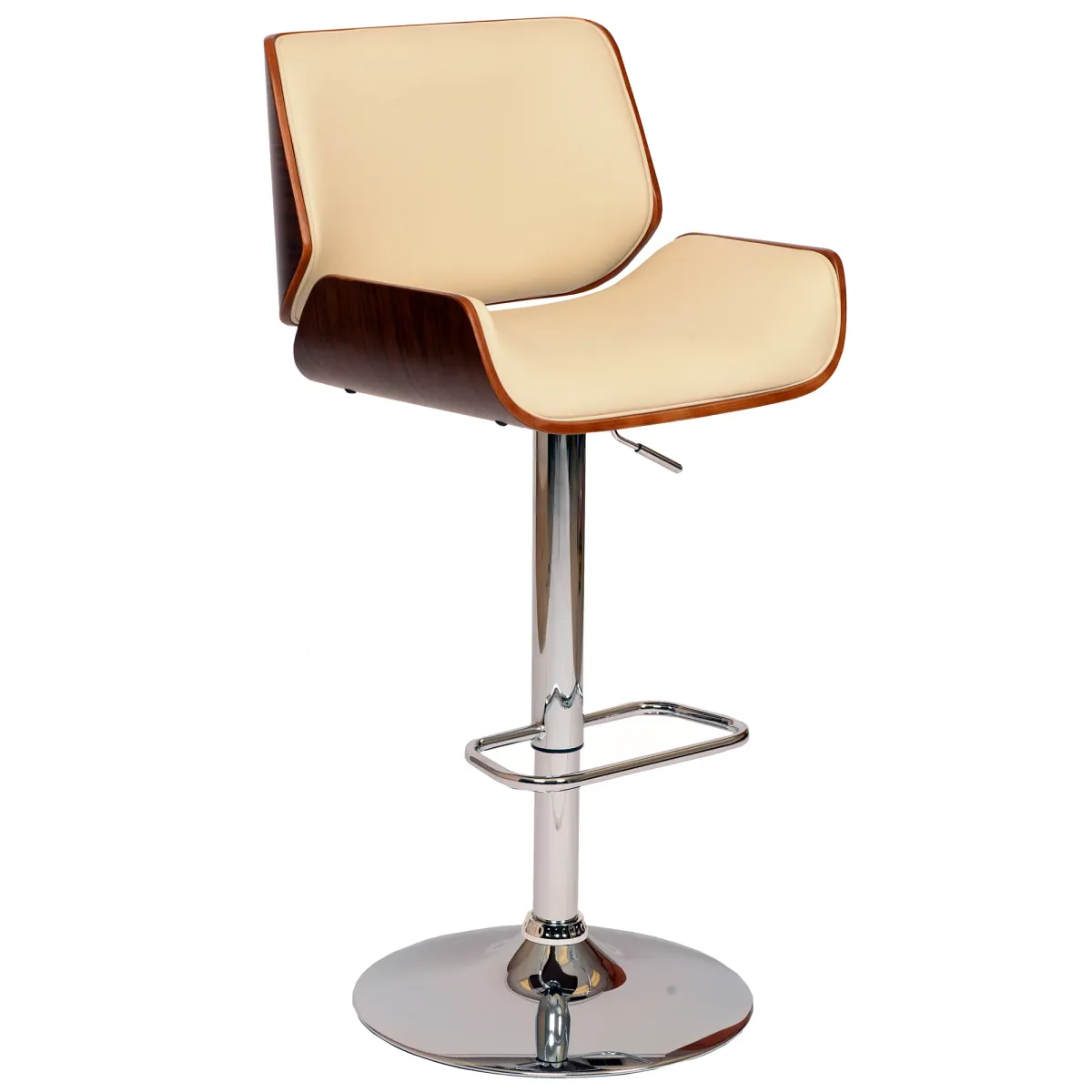 London Cream Faux Leather Adjustable Height Swivel Walnut Wood and Chrome Bar Stool