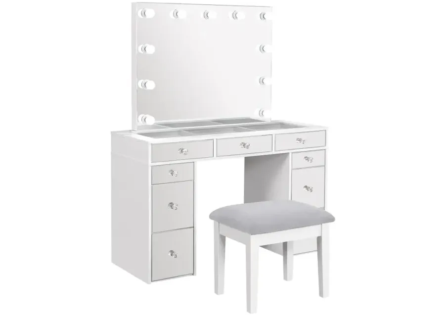 Regina 3-piece Makeup Vanity Table Set Hollywood Lighting White and Mirror