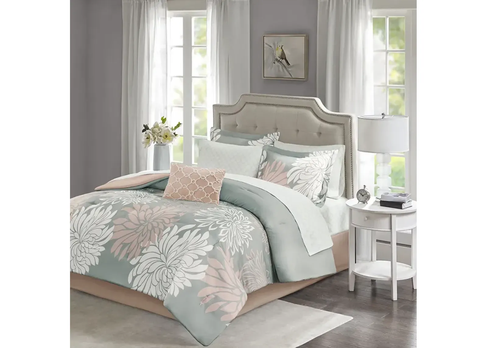 Madison Park Essentials Maible Blush/Grey 7 Piece Comforter Set with Cotton Bed Sheets