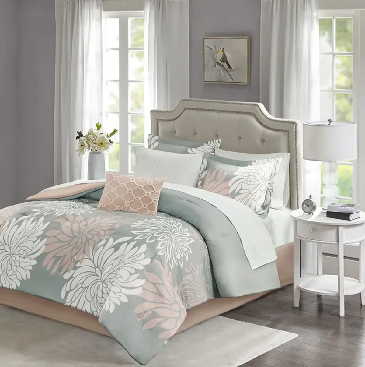 Madison Park Essentials Maible Blush/Grey 7 Piece Comforter Set with Cotton Bed Sheets