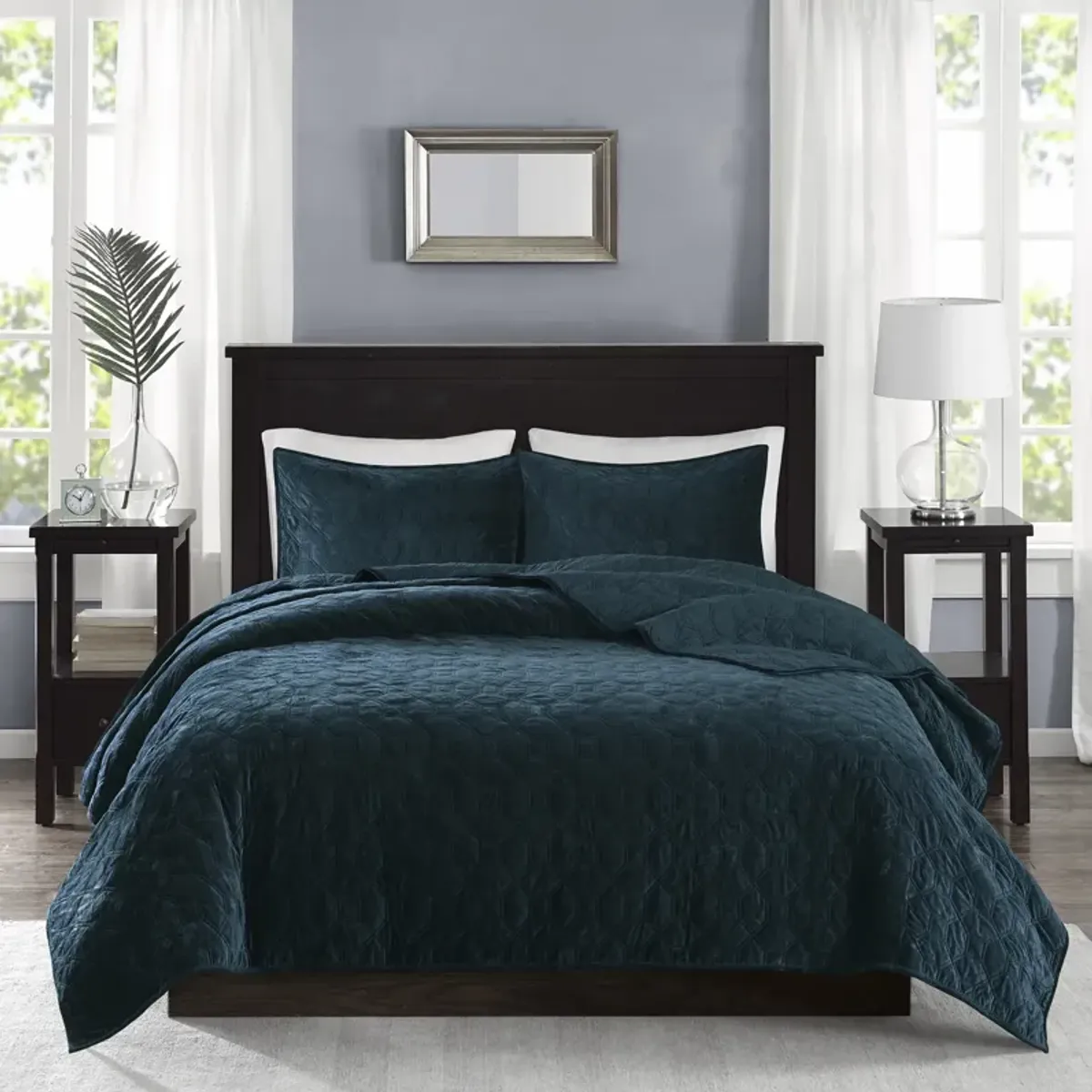 Madison Park Harper Teal 3 Piece Velvet Quilt Set