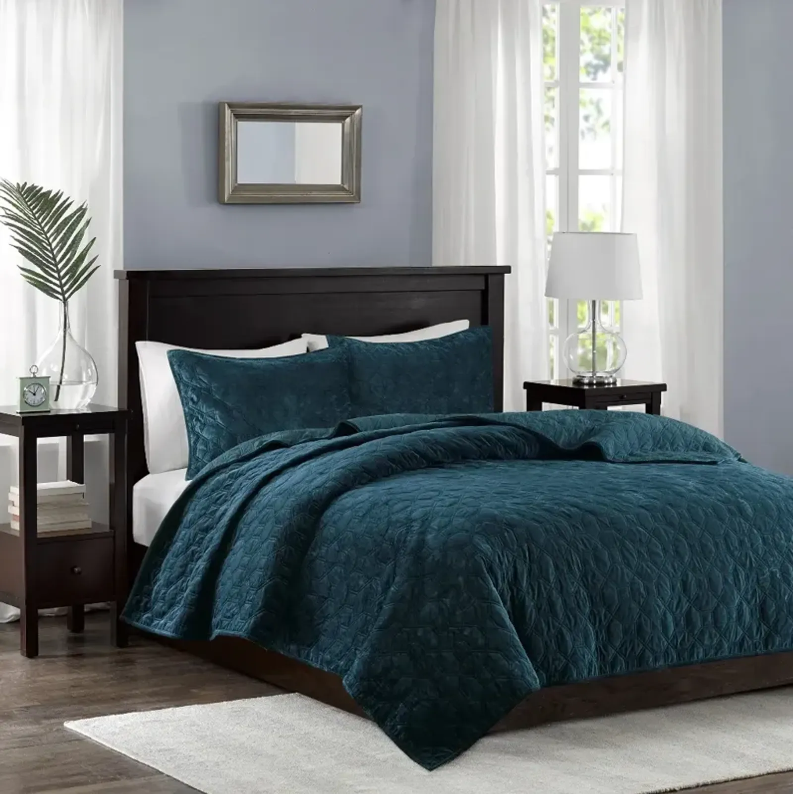 Madison Park Harper Teal 3 Piece Velvet Quilt Set