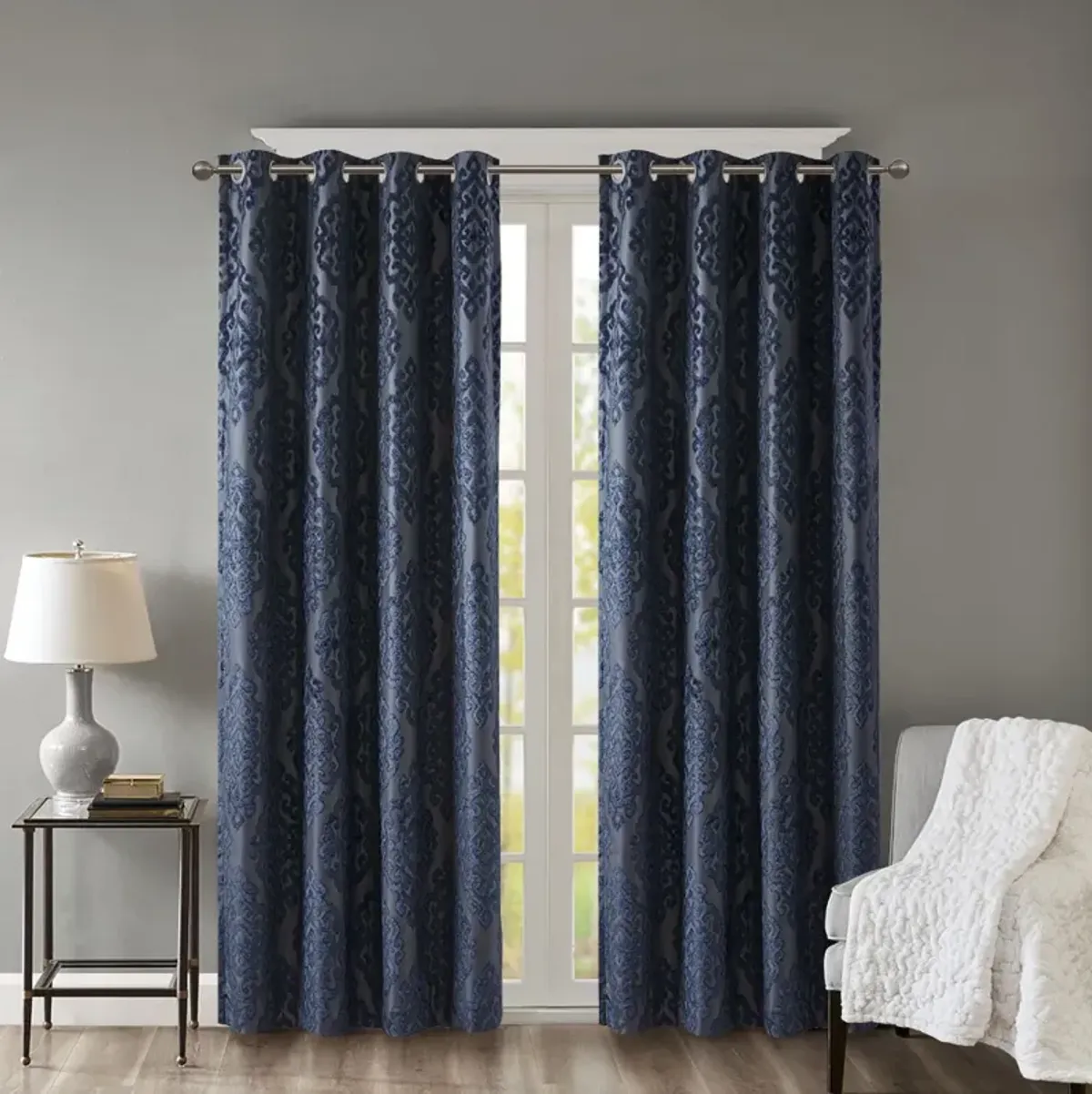 SunSmart Mirage Navy Knitted Jacquard Damask Total Blackout Grommet Top Curtain Panel