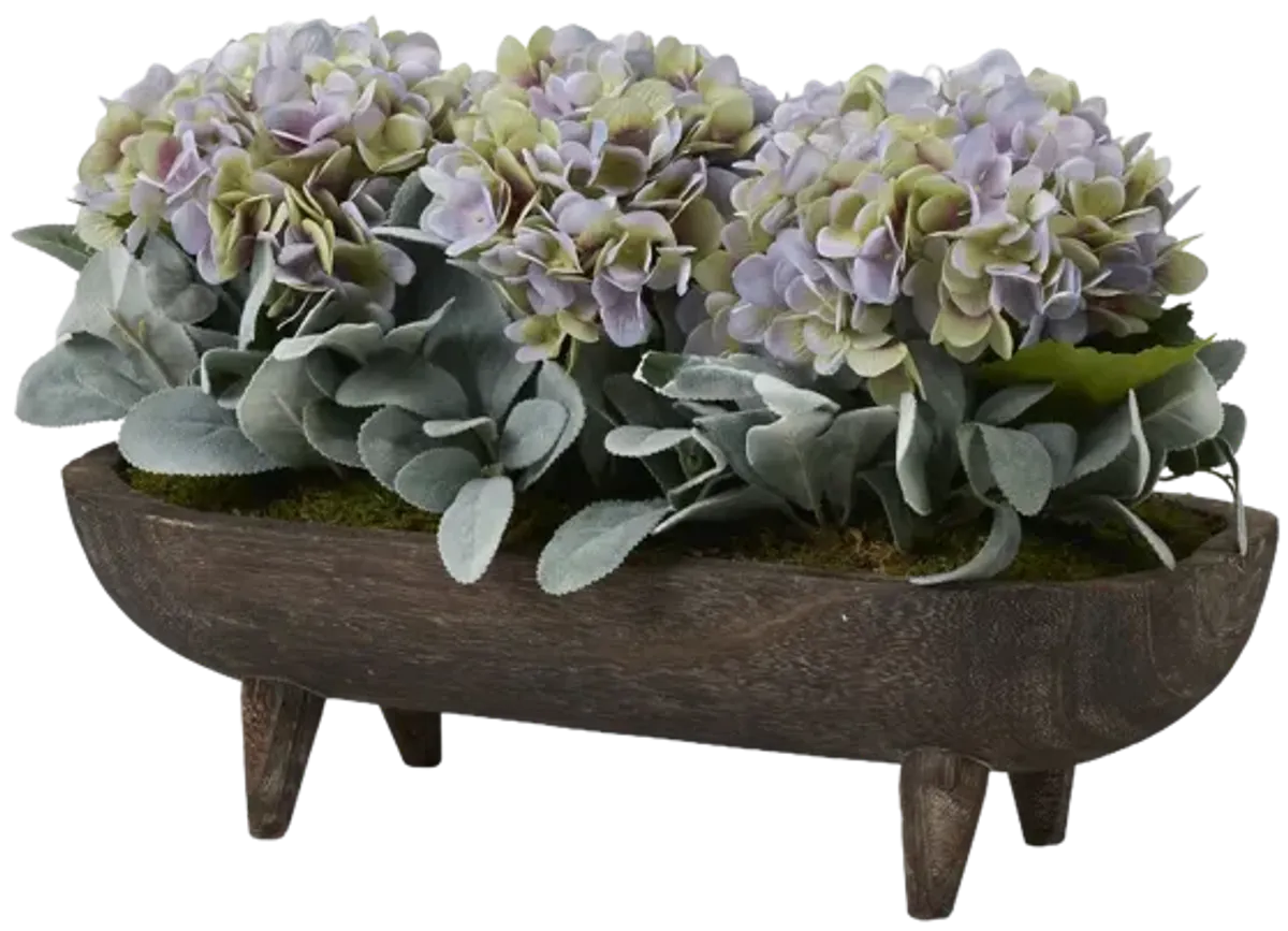 Lavender Hydrangeas with Lamb'S Ear in Wooden Dough Bowl with Legs