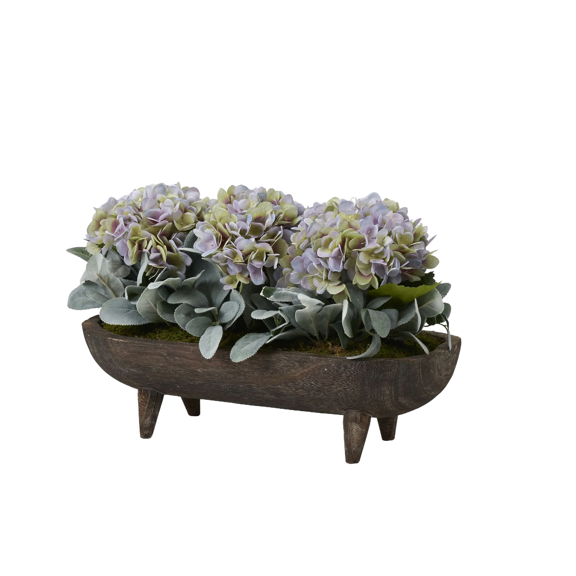 Lavender Hydrangeas with Lamb'S Ear in Wooden Dough Bowl with Legs