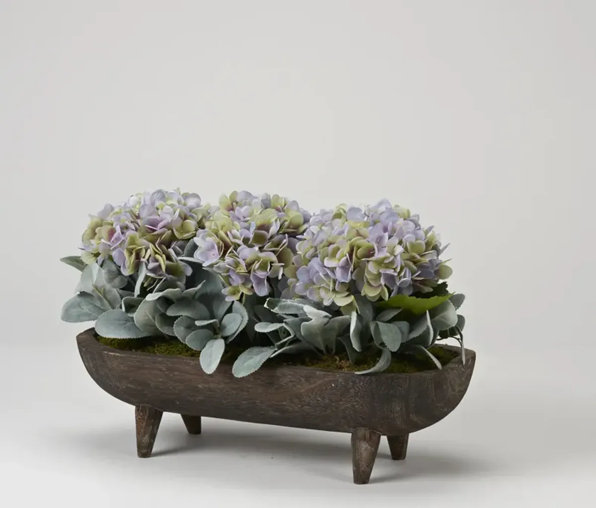 Lavender Hydrangeas with Lamb'S Ear in Wooden Dough Bowl with Legs