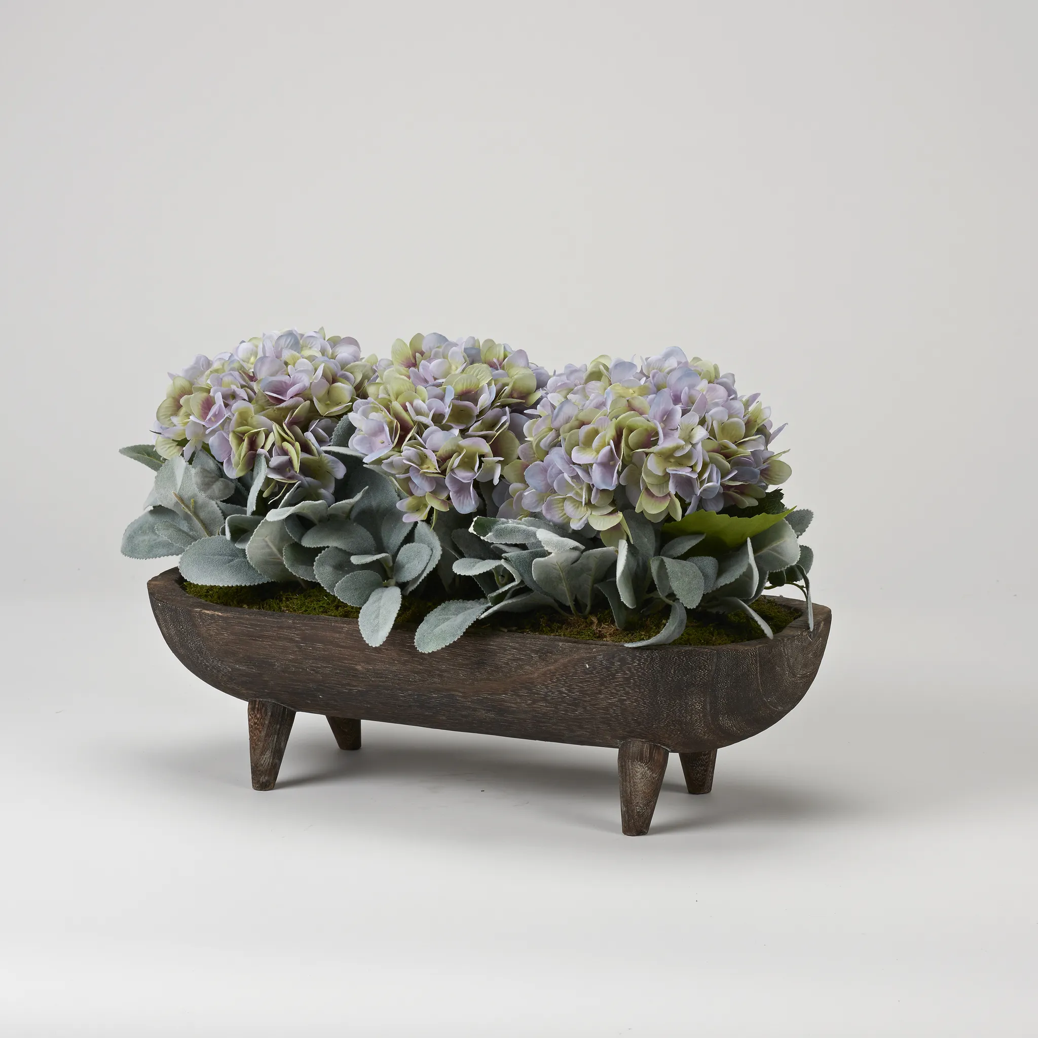 Lavender Hydrangeas with Lamb'S Ear in Wooden Dough Bowl with Legs