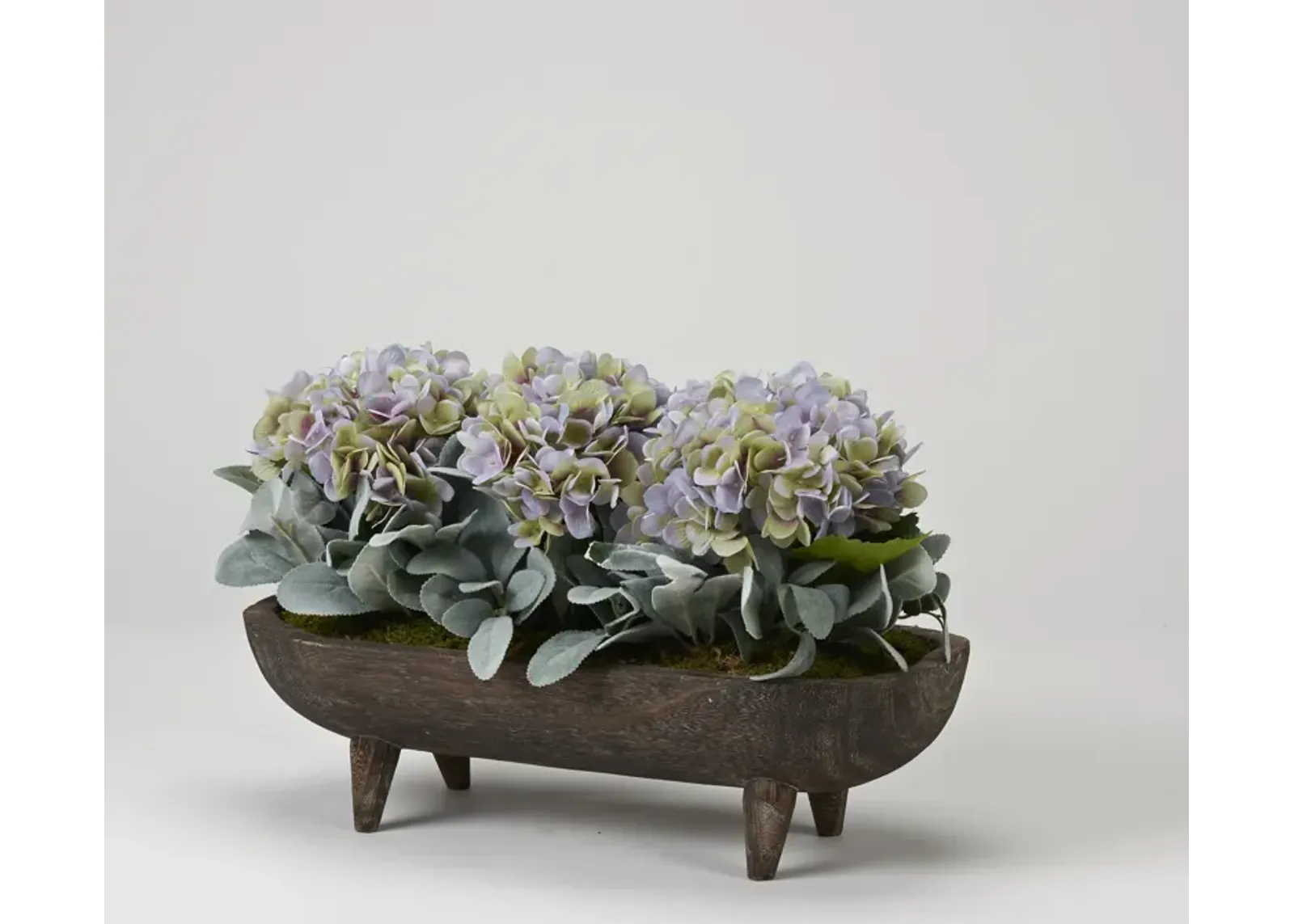 Lavender Hydrangeas with Lamb'S Ear in Wooden Dough Bowl with Legs